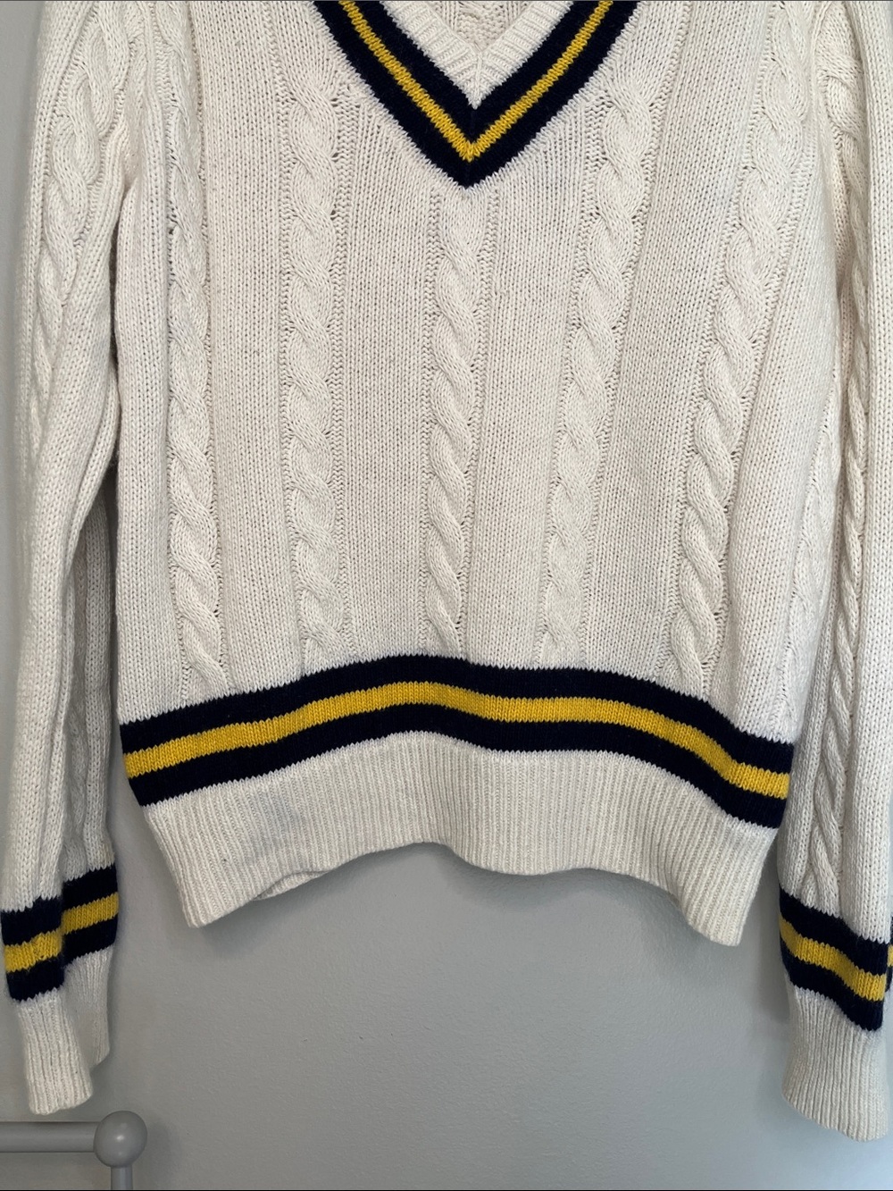 Polo by Ralph Lauren Cream Cricket Cable-Knit V-Neck Sweater with Navy & Yellow - Picture 6 of 17